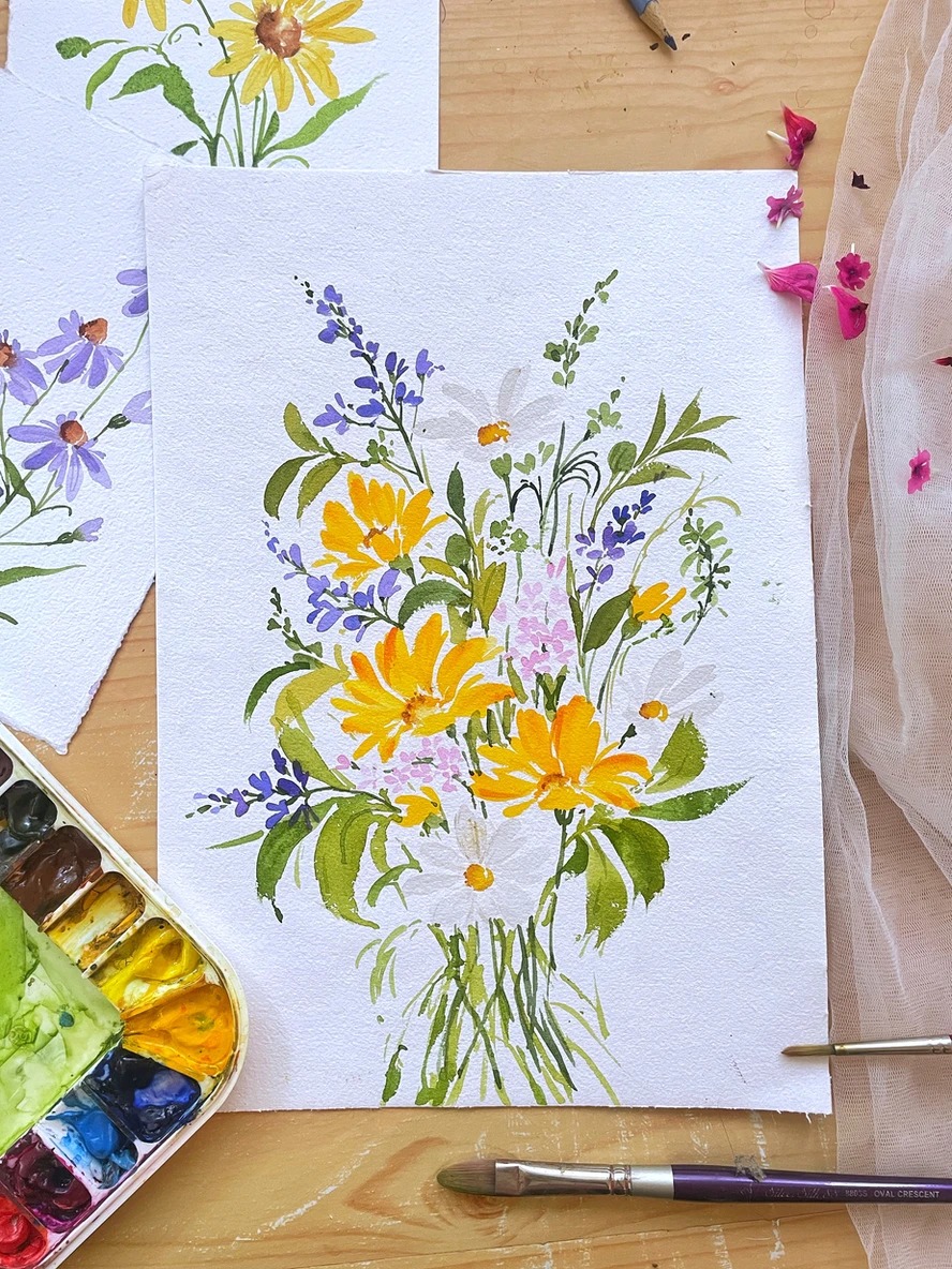 Golden daisies and lavender watercolor study